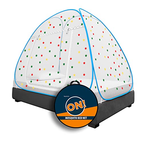 Image of KOLAR Supreme On Single Bed Mosquito Net, Single Bed [4 Feet X 6 Feet] Premium Machardani with 30 Pair of Stars, Strong and Durable, 30 GSM, Tent Type, Foldable, Corrosion Resistant (Single Bed, Blue)