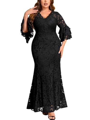 Miusol Women's Plus Size Floral Lace Ruffle Bell Sleeve V Neck Mermaid Hem Formal Maxi Dress