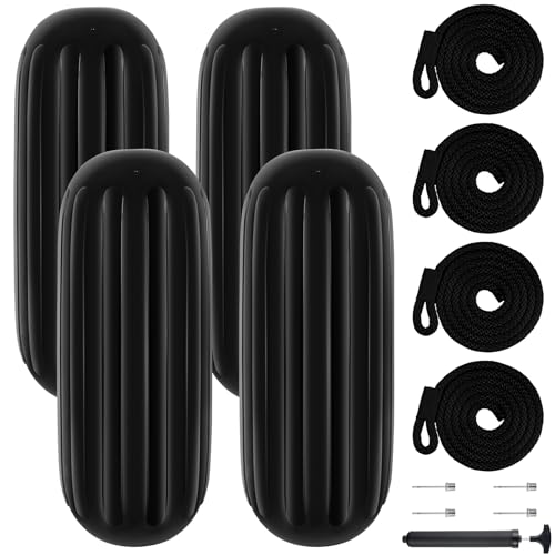 4-Pack Large Boat Fenders 10x30 Inch - Ribbed Vinyl, Twin Eyelets, With Ropes, Pump & Needles, White/Blue