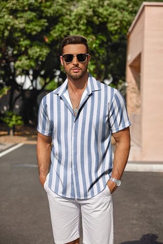 Image of COOFANDY Men's Linen Shirts Short Sleeve Casual Shirts Button Down Shirt for Men Beach Summer Wedding Shirt