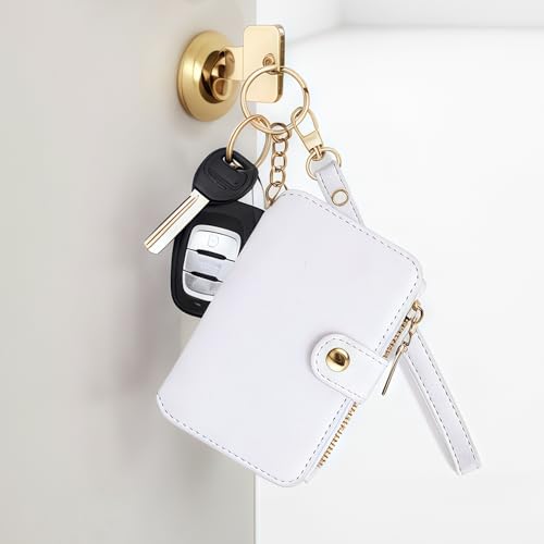 Image of M-Plateau RFID Blocking Keychain Wallet With Leather Wrist Strap | Keychain Wristlet, Womens Card Holder with Zipper Coin Pocket and ID Window (White)