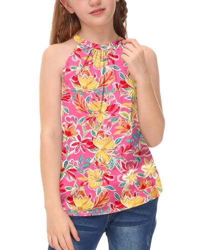 Image of BesserBay Girls Summer Back Button Halter Neck Tank Top Cold Shoulder Casual Blouse Pleated Sleeveless Shirts 5-14 Years