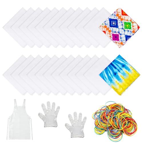 LiLiSSUCCY 20 Pack White Bandanas Bulk for Tie Dying 22x22 Thickened Cotton White Bandana with Rubber Bands Disposable Gloves Prons Handkerchiefs Headband Wrap Scarf for Unisex Men Women Cowboy