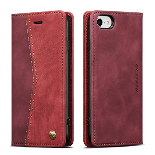 QLTYPRI Wallet Case for iPhone SE 2022 5G/iPhone 8/iPhone 7, Vintage Folio PU Leather Case with Card Slots Magnetic Closure Kickstand Flip Crashproof Phone Cover for iPhone 7/8/SE2/SE3-Wine Red