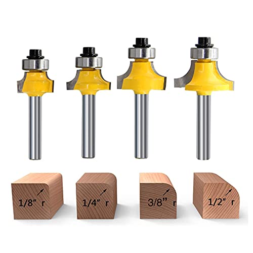 RKURCK 4Pcs 1/4 Inch Shank Round-Over Router Bits Corner Rounding Edge-Forming Roundover Beading Router Bit Set 1/8”1/4” 5/16” 1/2” Radius Cover