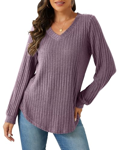 Image of RUBZOOF Sweaters for Women Fall Fashion 2024 Casual V-Neck Long Sleeve Tunic Tops