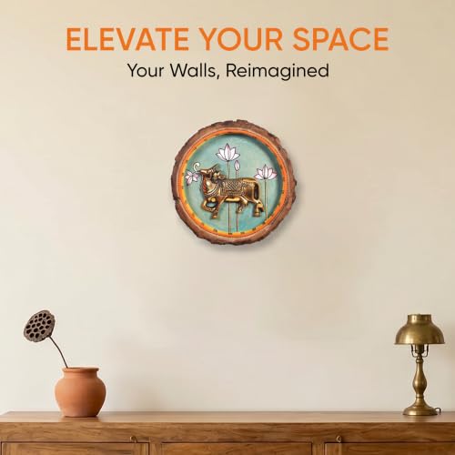 Image of AAKRITI ART CREATIONS Nandi Wall Art, Handcrafted Wooden Decor with Sacred Bull and Lotus Motif, Dhokra Art Set of 1, Multi Color Wall Panel | Matte Finish Mango Wood| Living Room, Bedroom, Office