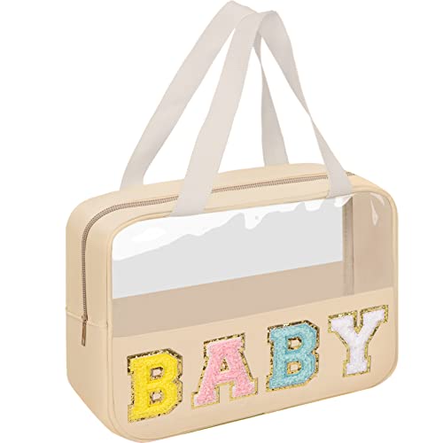 Image of Preppy Clear Makeup Bags with Chenille Letter Patches, Travel Essentials Clear Zipper Pouch with Handles, Nylon & PVC Waterproof Travel Toiletry Bag for Women Girl (Beige, Baby)