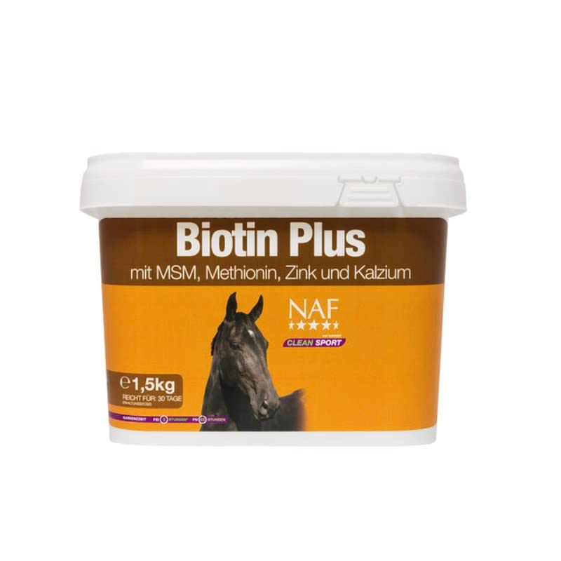 NAF Biotina Plus 1,5 kg – Complemento para pezuñas para caballos – Apoya el crecimiento fuerte y saludable de pezuñas – Con biotina, metionina y zinc – Fórmula diaria para el cuidado de pezuñas para