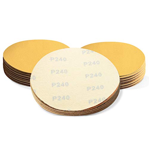 SPEEDWOX 50 Pcs 6 Inches Sanding Discs 240 Grit Dustless Hook and Loop Sandpaper for Random Orbital Sander Yellow Finishing Discs for Automotive Woodworking