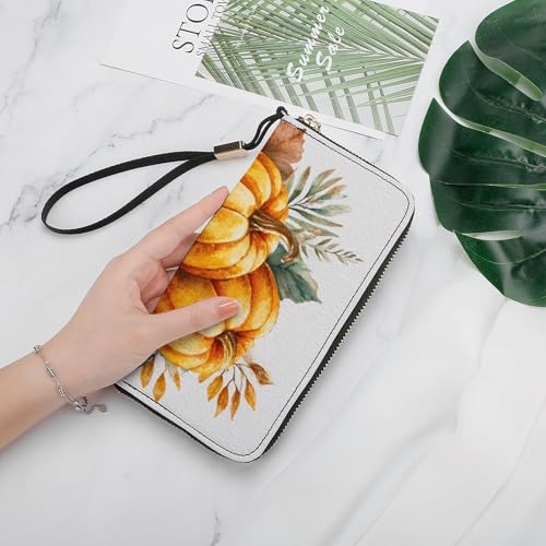 Watercolor Pumpkins And Leaves PU Leather Clutch Long Bifold Wallet, Coin Purse Credit Pass Case, Durable Card-Holder Money Storage for Women Men4
