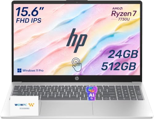 Image of HP 2026 Edition Business Laptop, 15.6 inch FHD IPS Touchscreen, AMD Ryzen 7 7730U 8-Core 16-Thread Processor for Multitasking, 24GB RAM, 512GB SSD, Numeric Keypad, Camera Privacy Shutter, Windows 11