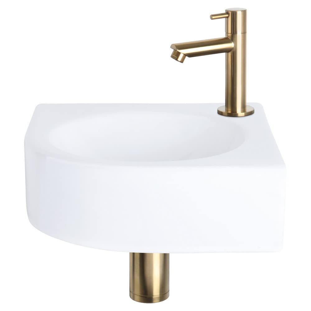 Differnz Cleo Lavabo en céramique blanc - Robinet droit doré mat - Kit complet - 30 x 30 x 10 cm