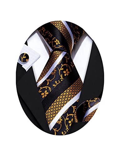 Image of Barry.Wang Man Stripe Ties Set Silk Woven Pocket Square Necktie Cufflinks Formal Party Business