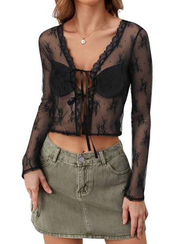 Women Sexy Long Sleeve Lace Tops Mesh Sheer Tie Front Party Club Shrugs Cardigan Cover Ups 2025 Fashion Outfits2