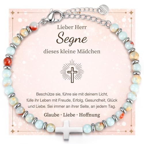 Kommunion Geschenke für Mädchen Kreuz Armband - Naturstein Armbänder mit Kreuz für Kinder Jugendlicher Kinderarmband für Geburtstag Ostern Erstkommunion Firmung Konfirmation Geschenke für Mädchen