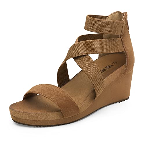 DREAM PAIRS Womens Elastic Ankle Strap Open Toe Platform Wedge Sandals Comfortable Summer Shoes 9.5 Camel