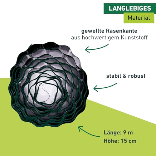 Windhager Rasenkante, Raseneinfassung, Beeteinfassung, Beetbegrenzung, Mähkante, Grün, 500 g/m², 9 m x 15 cm, 06248