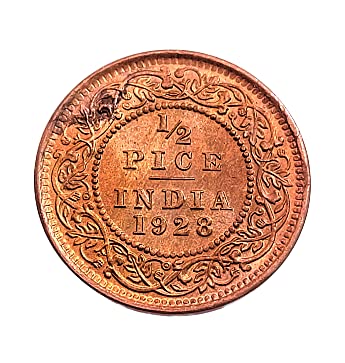 Aranyak Hobby™ British India King George V 1/2 Pice 1928 Rare Year Bronze Metal Historical Coin in Multi Color