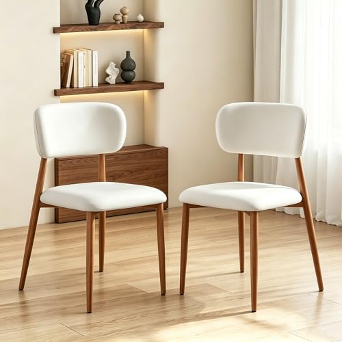 Image of weselon Mid-Century Modern Dining Chairs Set of 2, Upholstered Velvet Dining Room Chairs with Ergonomic Curved Backrest, Wood Grain Metal Frame with Adjustable Feet (Walnut Frame+Gray White Seat, 2)