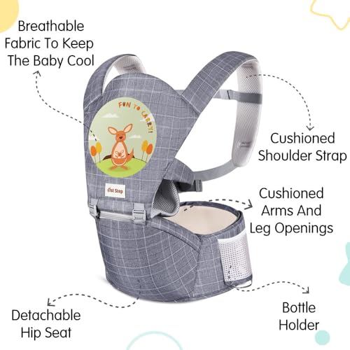 Image of 1st Step 5 in 1 Hip Seat Baby Carrier with 5 Carry Positions, Detachable Hip seat, Padded Waist Belt for 4 to 36 Months Baby, Adjustable New-Born to Toddler Carrier, Max Weight Up to 16 Kgs (Grey 2)