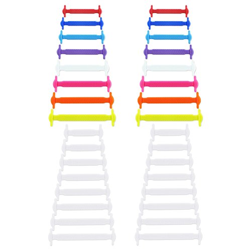 Newkeen 2 pares sin corbata Cordones de zapatos para niños y adultos cordones de zapatos de atletismo atlética de silicona elástico plano de los zapatos del tablero Sneaker boots (White+Mix Color)