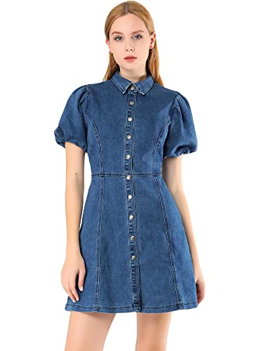 Allegra K Women's Denim Dress Button Down Pockets Puff Sleeve Collared Jean Dresses