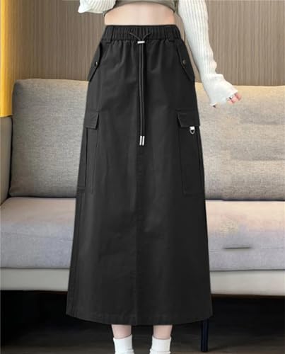 Elegant High Waist Skirts Women Vintage Solid Cargo Work Holiday Long Skirt2