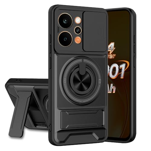 Image of Realme P4 Power 5G Back Cover | Armor Camera Slider 360 Degree Rotating Finger Ring Holder Case with Bracket Stand Back Case Cover (Compatible with MagSafe Accessories) (Black)