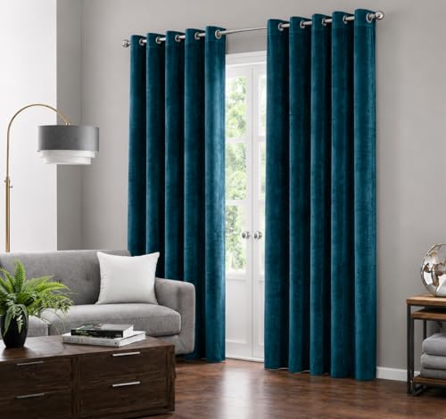 Image of Amazon Brand - Solimo Velvet Curtain Set of 2 (52x108 Inch) Plain Door & Window Curtains for Living Room & Bedroom |75% Light Blocking, Eyelet Curtains for Home Decor in Teal Color (4 feet x 9 feet)