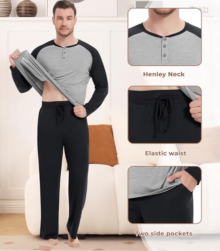 Image of NACHILA Mens Pajamas Set Viscose Made from Bamboo Henley Top Sleep Pants