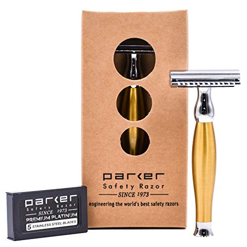 Parker 48R Gold Heavyweight Double Edge Safety Razor and 5 Premium Blades