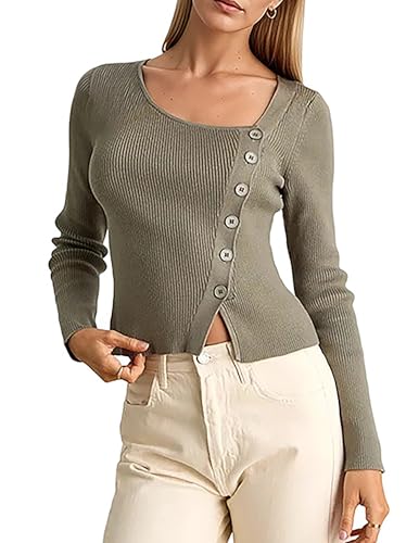Women Fall Cropped Sweaters Scoop Neck Button Down Long Sleeve Ribbed Knit Tops Asymmetrical Fitted Top Casual Shirts