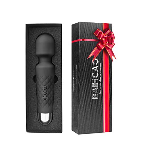 BAIHCAO Powerful Vibrate Handheld Wand Personal Massager,Whisper Quiet,Waterproof,Wireless Therapeutic,Rechargeable,Multi Speed 20 Vibrating Patterns for Neck Shoulder Back Body Massage-Black