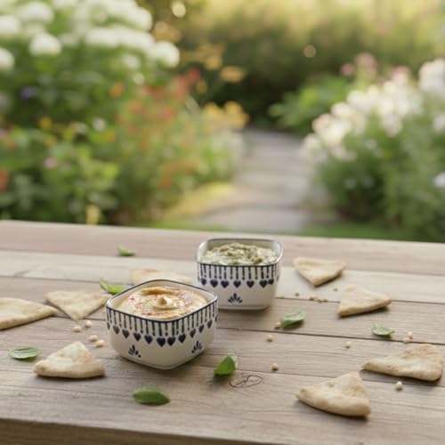 Image of Ceramic Dip Bowl Set of 2, White with Blue Heart Pattern, Square Shape, 40 ML Capacity, Decorative Serving Dishes for Sauces, Condiments and Appetizers