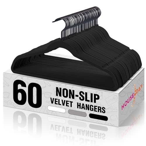 HOUSE DAY Black Velvet Hangers 60 Pack, Non Slip Felt Hanger, Slim Velvet Clothes Hangers for Suits, Shirt, Heavy Duty Coat Hanger for Closet