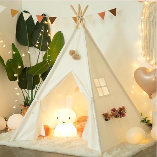 Kids Teepee Tent - Natural Cotton Canvas Indoor/Outdoor Play Tent for Toddlers & Children | Washable, Foldable Design | Perfect for Girls & Boys Bedrooms, Camping, Birthday Gifts(Off-White)