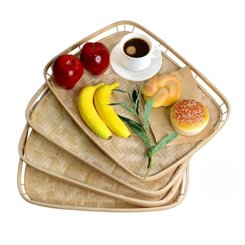 PEMAR Set of 4 Bamboo Wicker Serving Trays for Foods & Drinks, Rectangular Breakfast Lap Trays with...