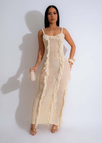 Crochet Knitted Beach Skirt Sleeveless Knitted Suspended Tassel Open Back Dress4