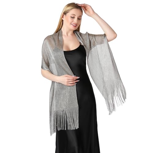 Image of Stoles for Evening Dress with Buckle, Fringes - Polyester Blend, Shimmer Stole Wraps for Weddings, Party | Women's Clothing