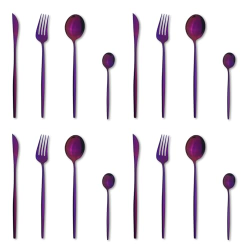 Image of aDai Raspberry Purple Silverware Set | Satin Finish 16-Piece Stainless Steel Flatware Set | Dishwasher Safe Cutlery for Home, Restaurant & Gifting