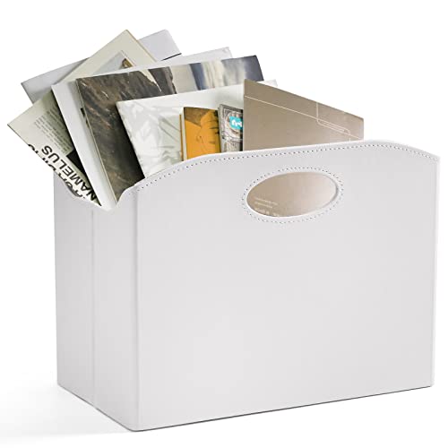 EZDeco Magazine Holder Foldable Magazine Rack Floor PU Leather File Holder Newspaper Book Storage Basket Document File Folder Organizer for Office Home (White-1) - Image 6