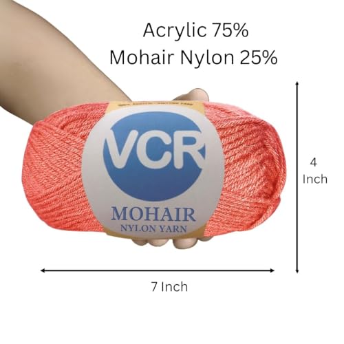 Image of VCR Mohair Nylon Coral Red Yarn, 100 Grams Hank, 196 Meters Length, Acrylic 75%, Mohair Nylon 25%, Pack of 1 Yarn, Soft Crosia Threads, Suitable for Winter Garments.