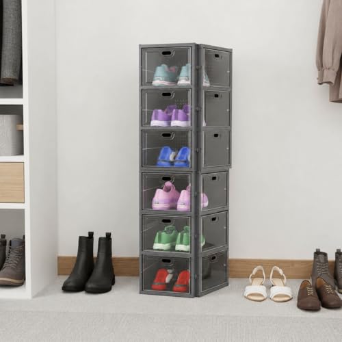 Image of Sulfar 6 Tier Shoe Rack Collapsible Shoe Organiser with Door - Foldable Sneaker Crates Footwear Organiser for Men, Women, Heels, Boots, Loafers, Sneakers, Slippers (Grey)
