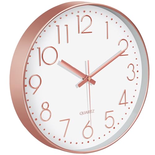 Image of Modern Silent Wall Clock, 14 Inch Wall Clocks Battery Operated | Large Number, Non-Ticking Analog Clock with Tempered Glass Quartz Clocks for Living Room Bedroom Office Kitchen, Rose Gold