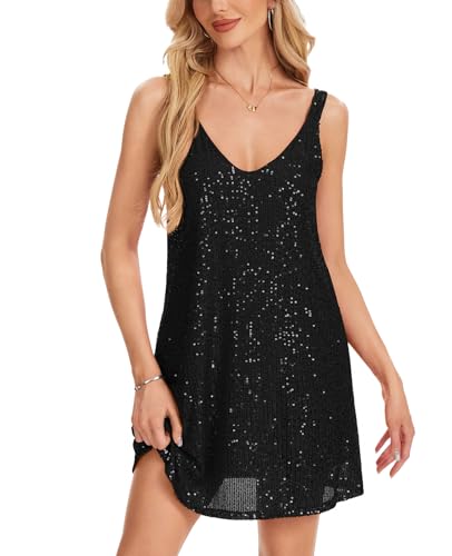 Kyzoeyou Kurzarm Glitzer Sommerkleid Damen mit Pailletten Midi Kleider Leicht Kleid Casual Tunika Plissee Swing Freizeitkleid(Pink,XL)