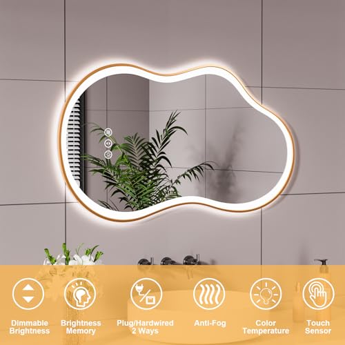 Image of WTTY LED Irregular Bathroom Mirror 26x46 Inch with Front & Back Lights - Asymmetrical Design, Anti-Fog, Dimmable 3 Color Temperatures, Shatterproof Glass, Horizontal or Vertical Mount (Gold Frame)