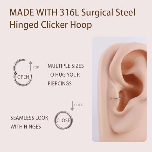Image of FANSING Men Women 316L Surgical Steel Hinged Nose Rings Hoop for Nostril Septum Cartilage Helix Daith Tragus Rook Conch Lip Ear Lobe Piercings