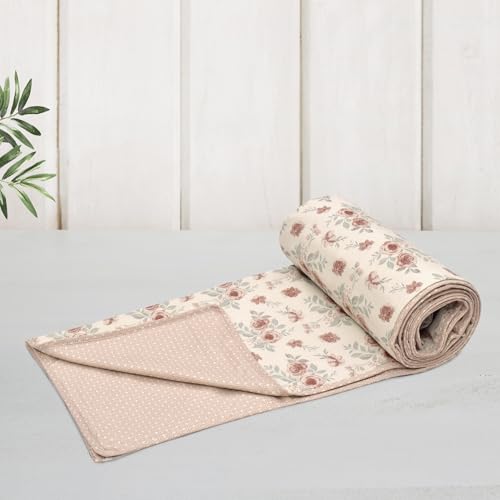 Image of HUESLAND 100% Cotton Reversible Dohar Single Bed Cotton | Soft Cambric Weave, Lightweight AC Blanket for Summer & All Weather Use | 56 x 89 inches, Floral Medley - Ivory & Peach