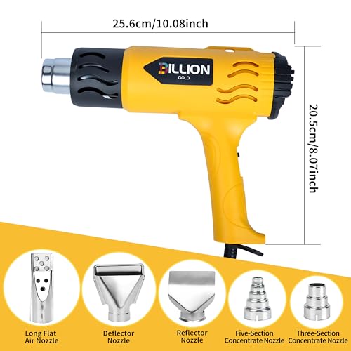 Heat Gun for Crafting, BILLION GOLD 1800W Pistola De Calor 100℉-1200℉ Variable Temperature Settings, 5 Nozzles Overload Protection Hot Air Gun for Shrink Tubing, Epoxy Resin, Paint Removing